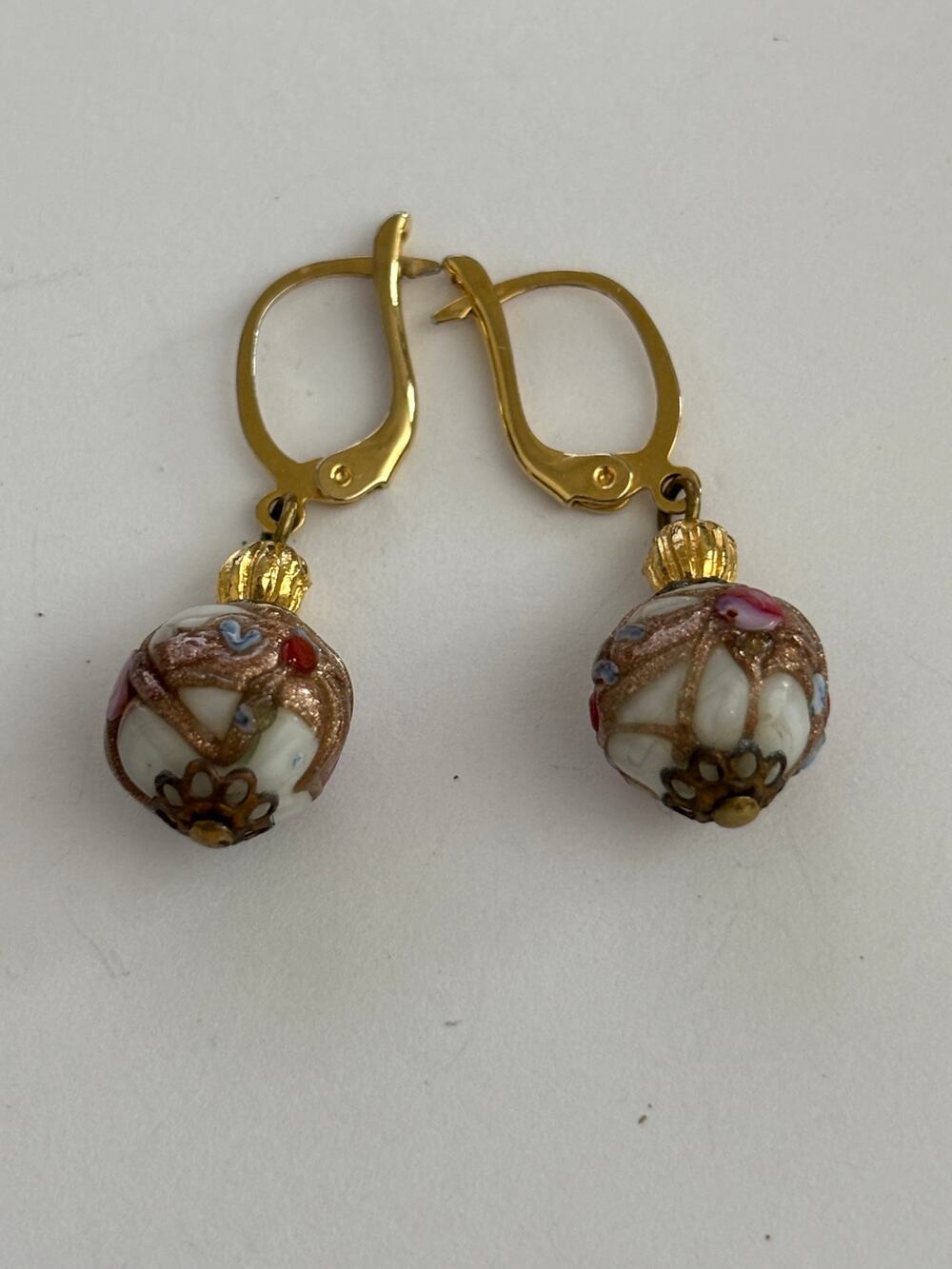 Vintage Murano Wedding Glass Beads Earrings Gold Tone European Clasp